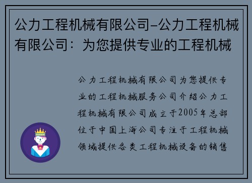 公力工程机械有限公司-公力工程机械有限公司：为您提供专业的工程机械服务