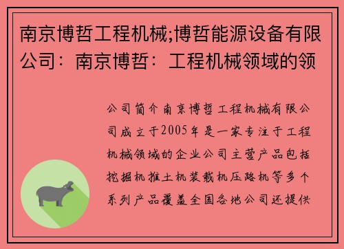 南京博哲工程机械;博哲能源设备有限公司：南京博哲：工程机械领域的领导者